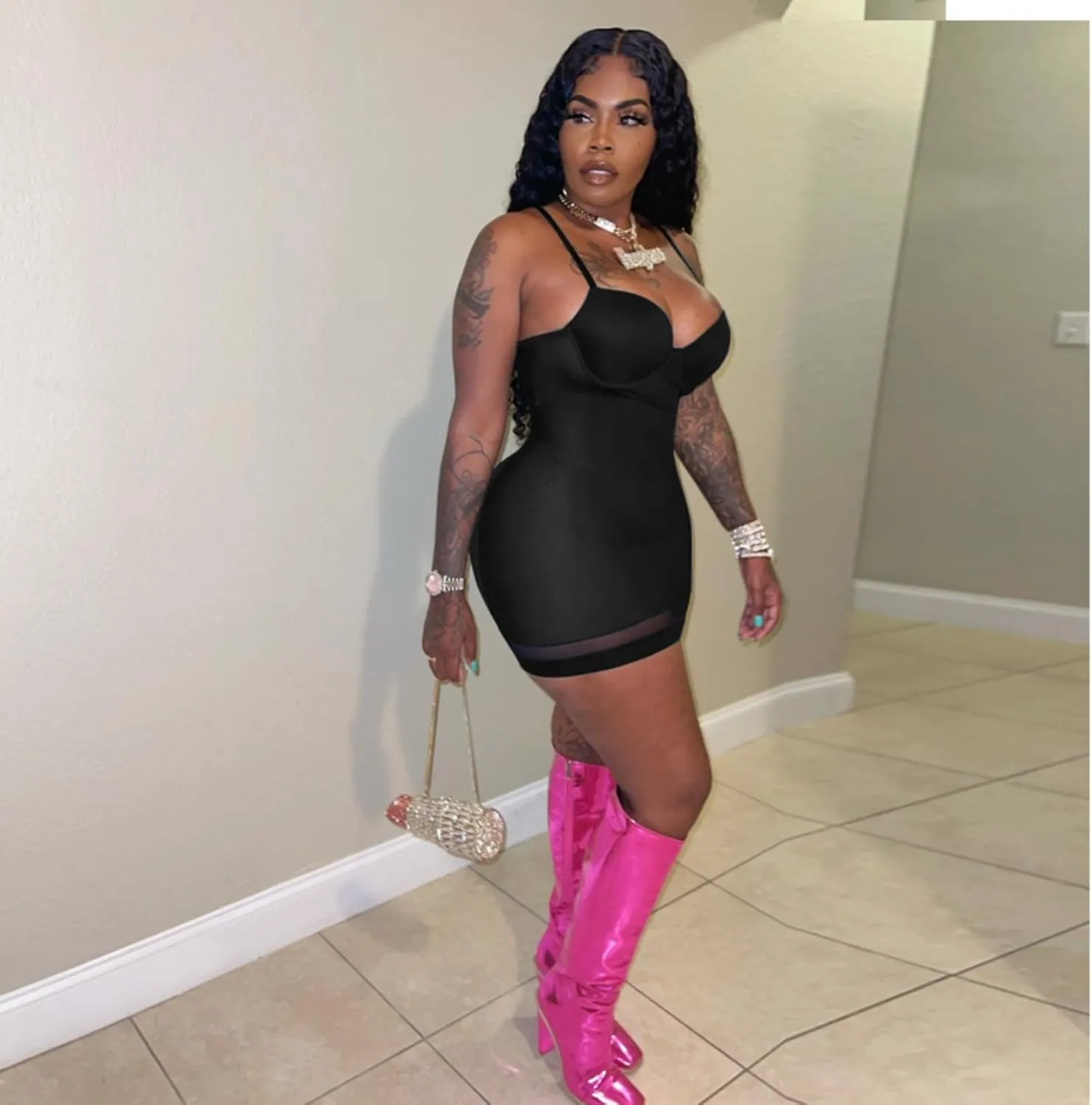 Sexy Bodycon Mini Dress for Women Sweetheart Neck Spaghetti Strap Mesh Hem Party Club Night Out Short Dresses