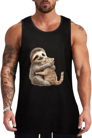 Sloth Hug with Cat Mens Tank Top Cotton Undershirt Crewneck Sleeveless Shirt for Summer