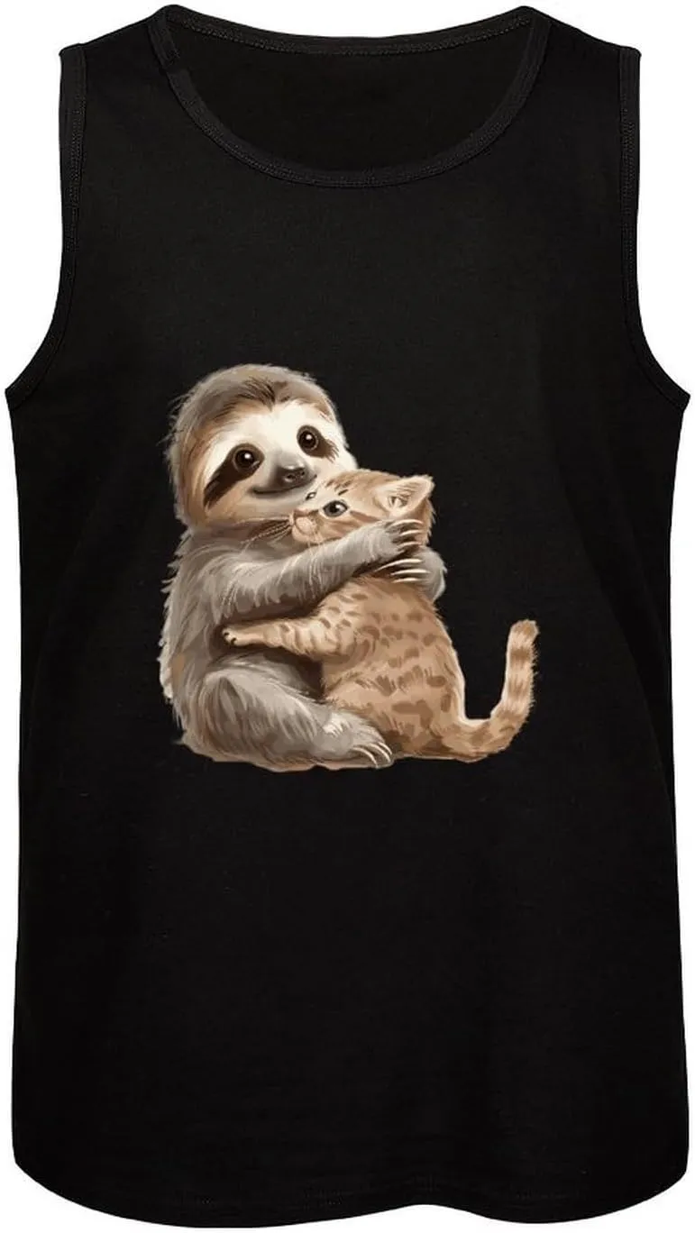 Sloth Hug with Cat Mens Tank Top Cotton Undershirt Crewneck Sleeveless Shirt for Summer