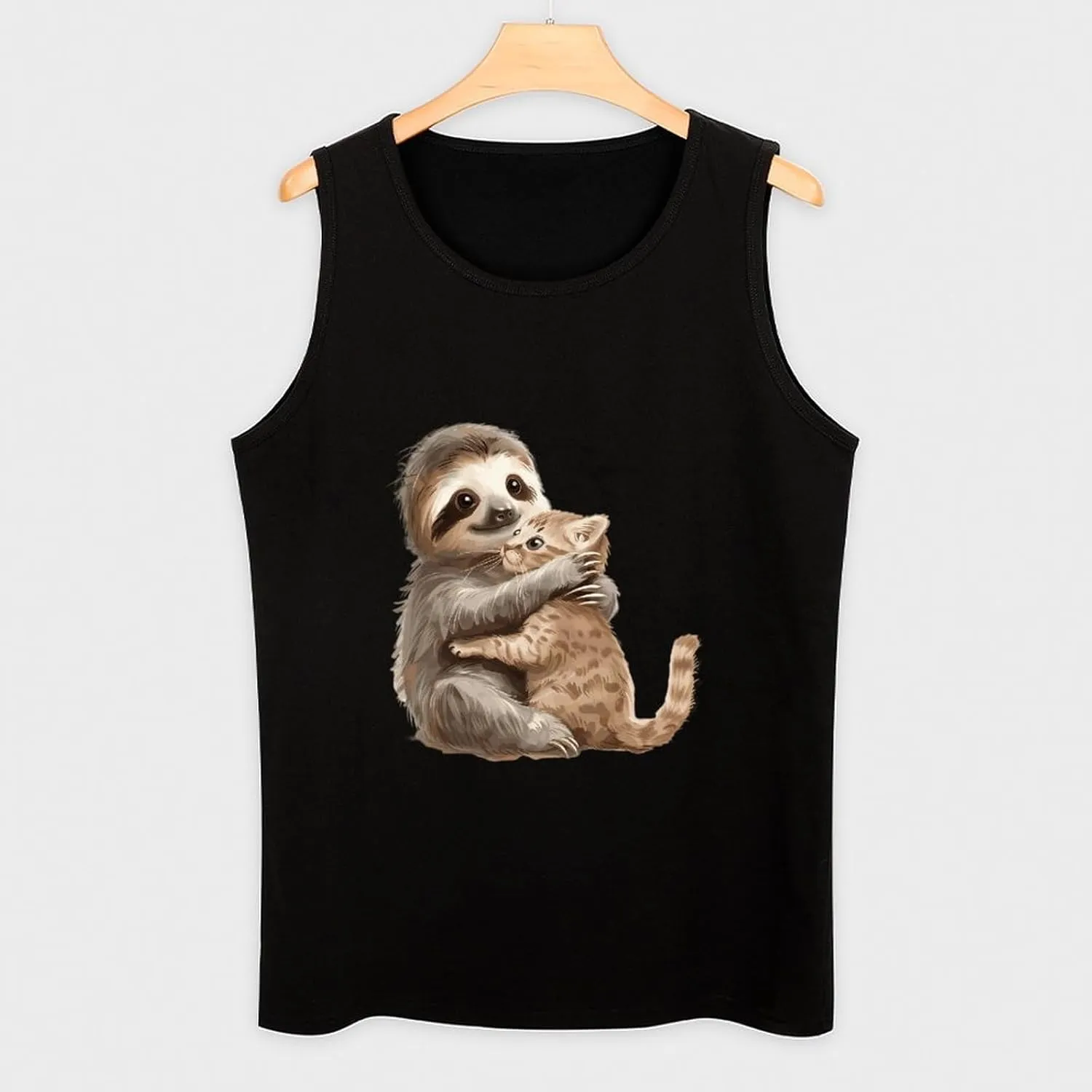 Sloth Hug with Cat Mens Tank Top Cotton Undershirt Crewneck Sleeveless Shirt for Summer