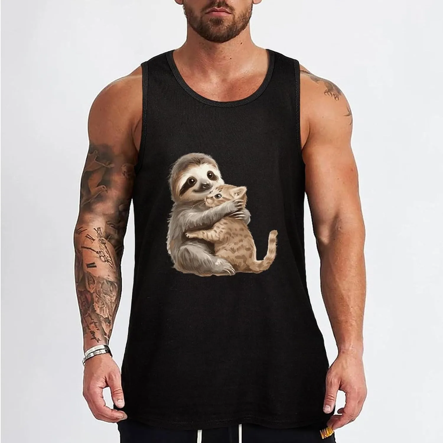 Sloth Hug with Cat Mens Tank Top Cotton Undershirt Crewneck Sleeveless Shirt for Summer