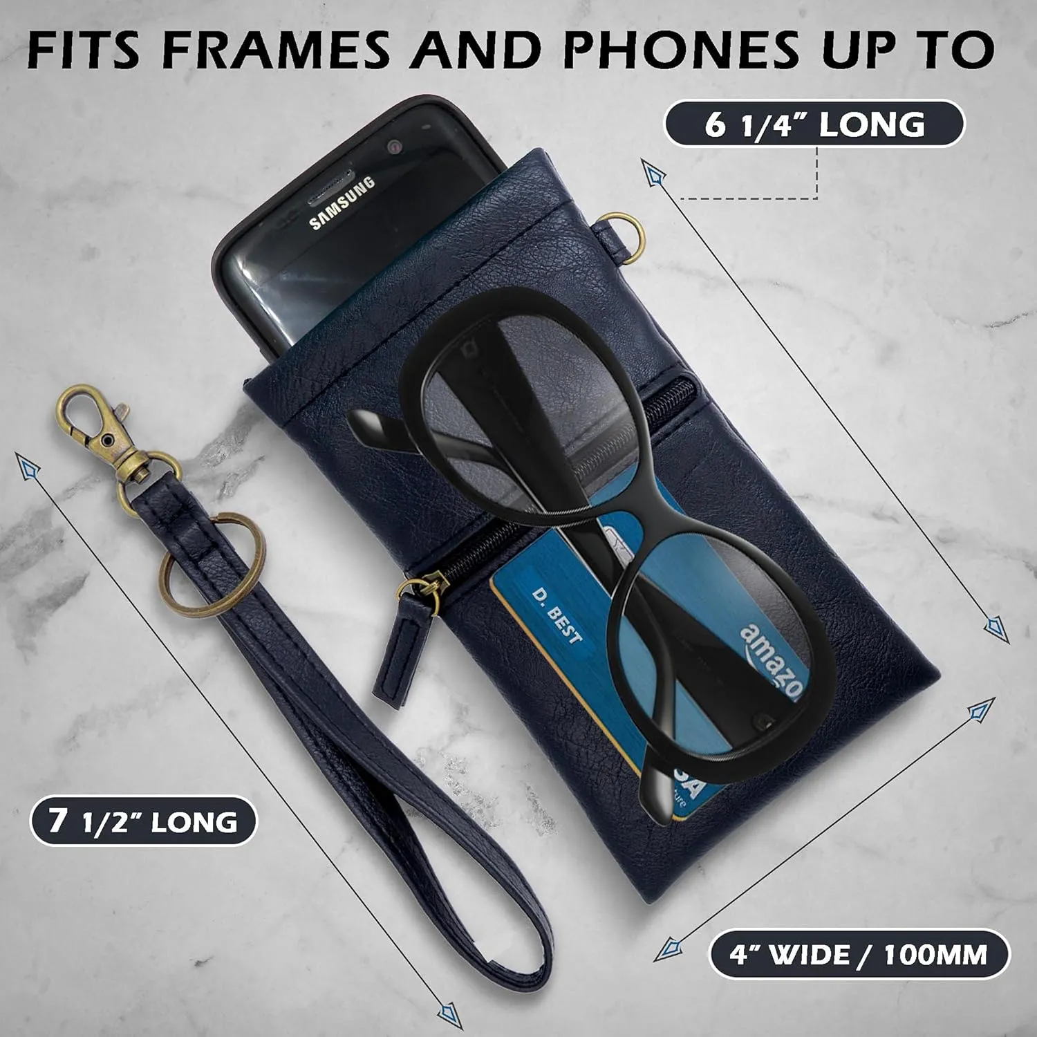Soft Sunglass Pouch - Extra Large Eyeglasses Holder squeeze top - Glasses Holder Sleeve w/Wristlet lanyard & cleaning cloth