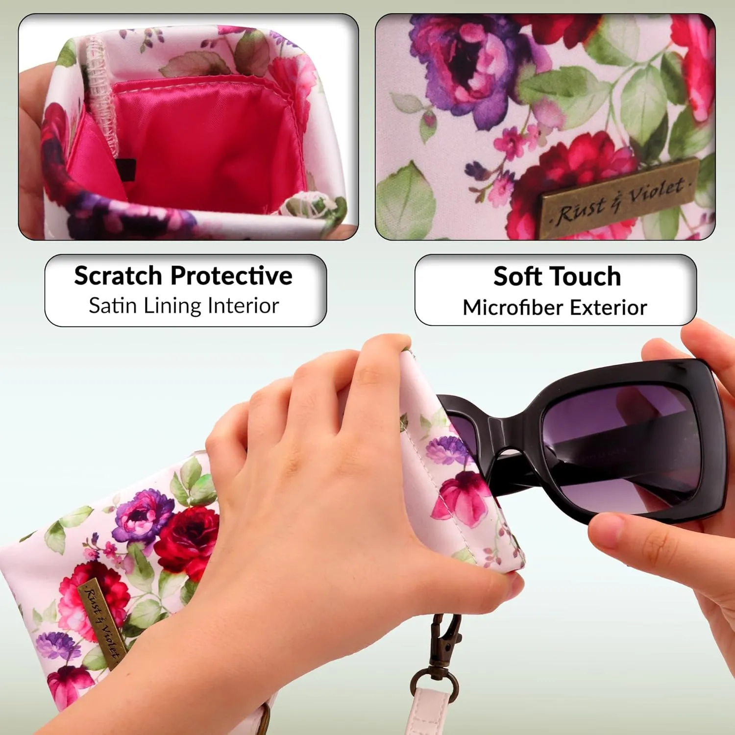 Soft Sunglass Pouch - Extra Large Eyeglasses Holder squeeze top - Glasses Holder Sleeve w/Wristlet lanyard & cleaning cloth