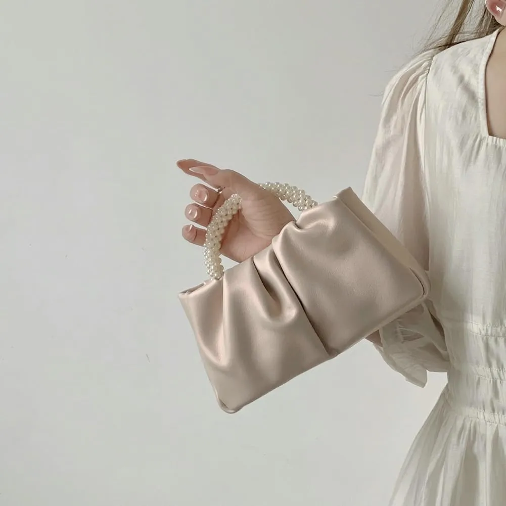 Solyinne Clutch Purses for Women Evening Bag Pearl Pleated Flap Clutch for Formal Party Wedding Handbags Small Crossbody Bag