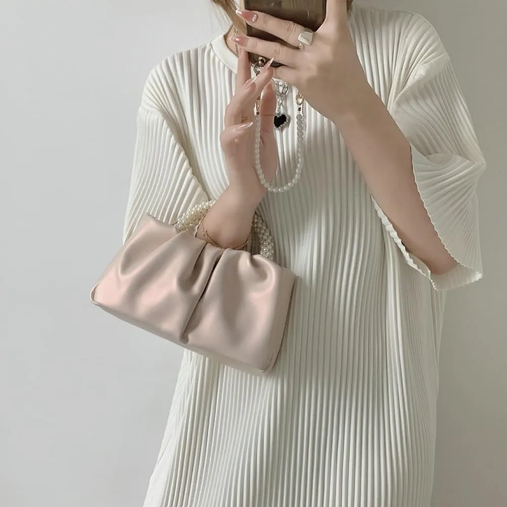 Solyinne Clutch Purses for Women Evening Bag Pearl Pleated Flap Clutch for Formal Party Wedding Handbags Small Crossbody Bag