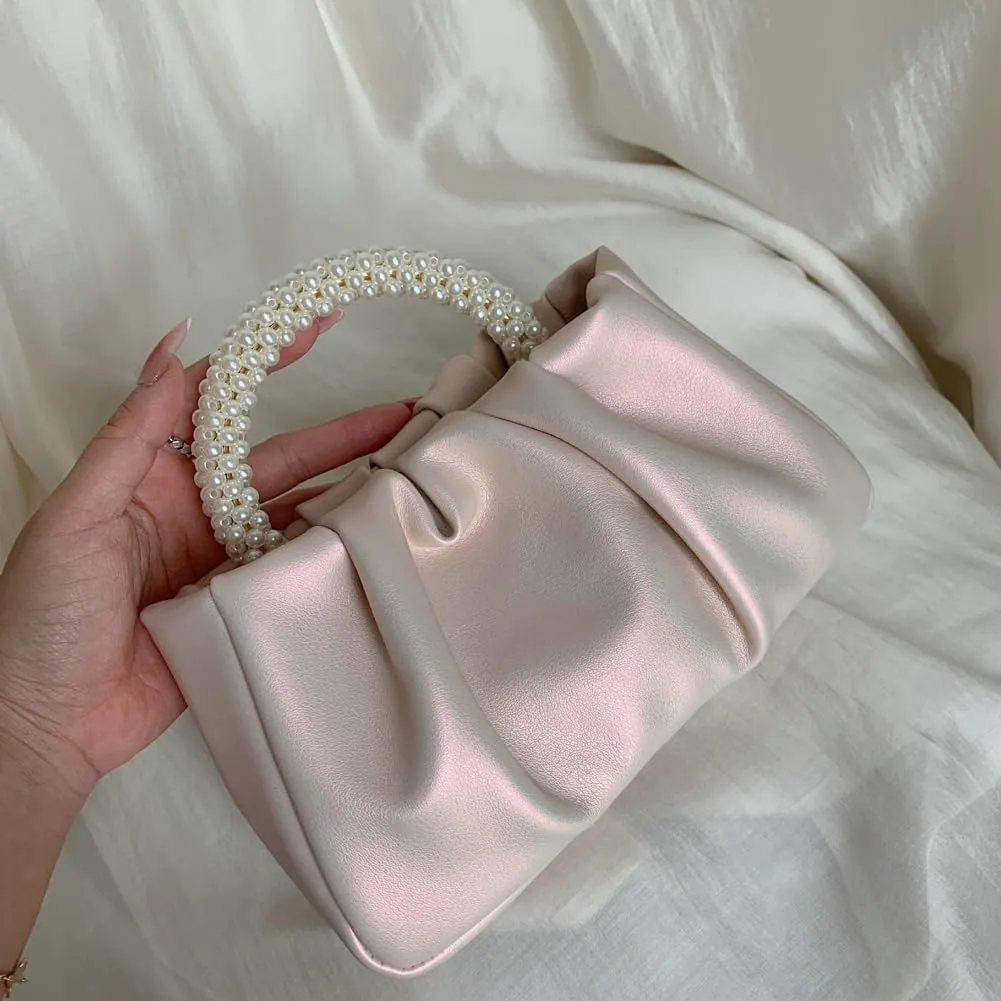 Solyinne Clutch Purses for Women Evening Bag Pearl Pleated Flap Clutch for Formal Party Wedding Handbags Small Crossbody Bag