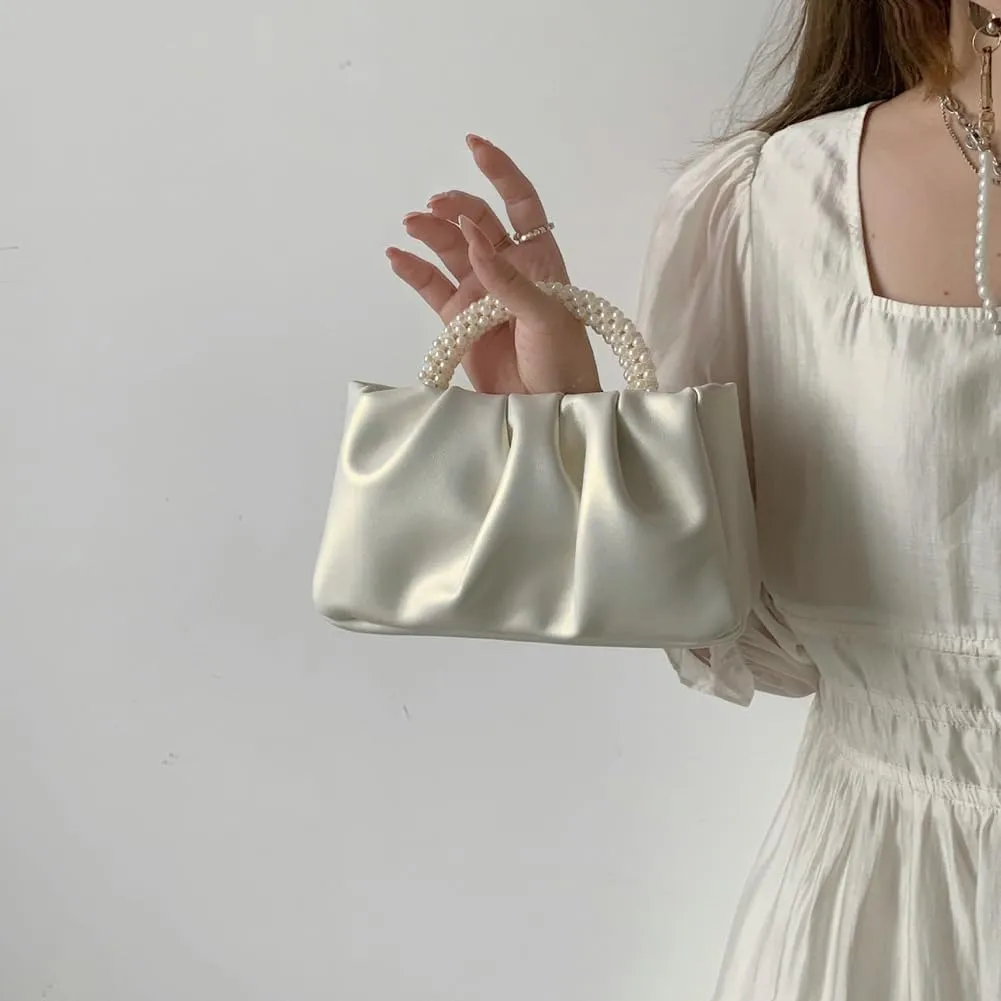 Solyinne Clutch Purses for Women Evening Bag Pearl Pleated Flap Clutch for Formal Party Wedding Handbags Small Crossbody Bag