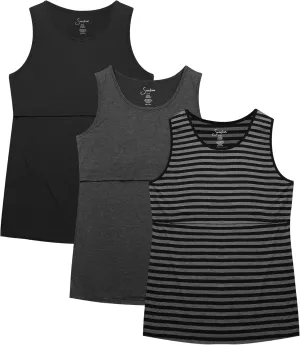 Sosolism 3 Pack Nursing Tank Tops Sleeveless Workout Pumping Shirts Scoop Neck Double Layer Summer Breastfeeding Tops