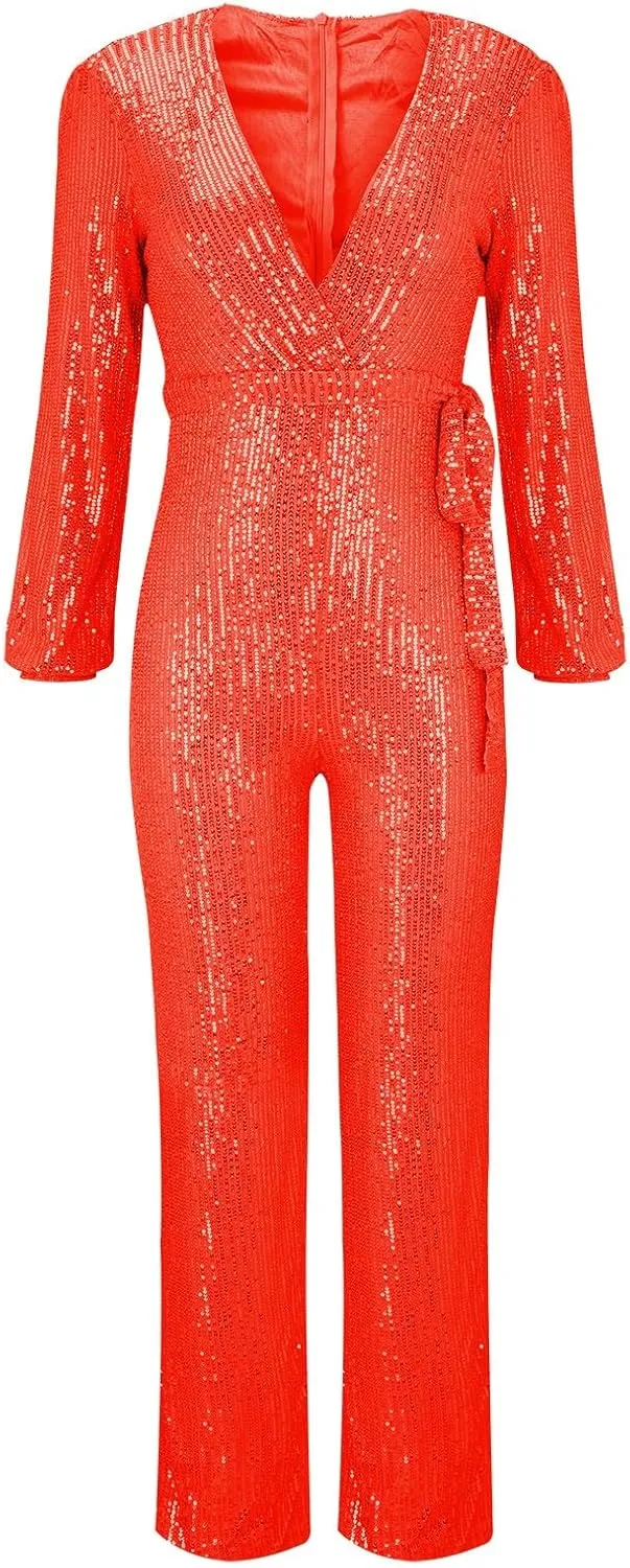 Sparkly Jumpsuits for Women Dressy Formal Plus Size Long Sleeve Sequin Party Rompers Sexy V Neck Wide Leg Pants Suit
