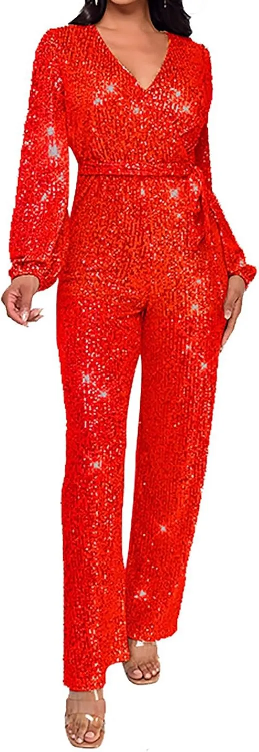 Sparkly Jumpsuits for Women Dressy Formal Plus Size Long Sleeve Sequin Party Rompers Sexy V Neck Wide Leg Pants Suit