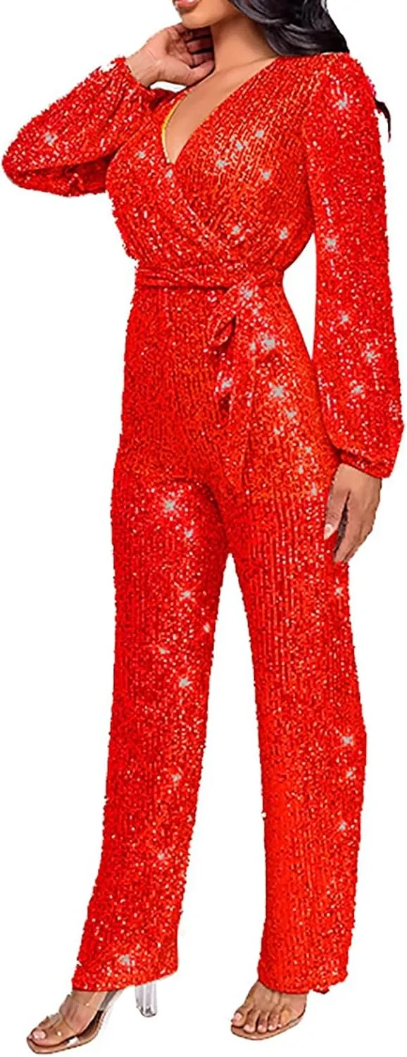 Sparkly Jumpsuits for Women Dressy Formal Plus Size Long Sleeve Sequin Party Rompers Sexy V Neck Wide Leg Pants Suit