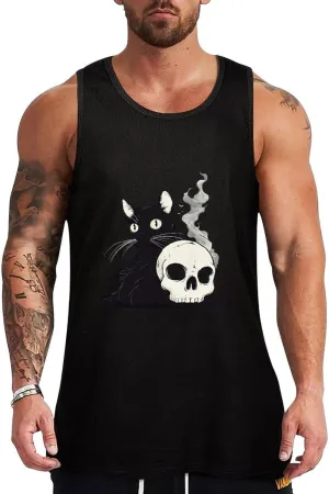Spooky Cat and Skull Mens Tank Top Cotton Undershirt Crewneck Sleeveless Shirt for Summer