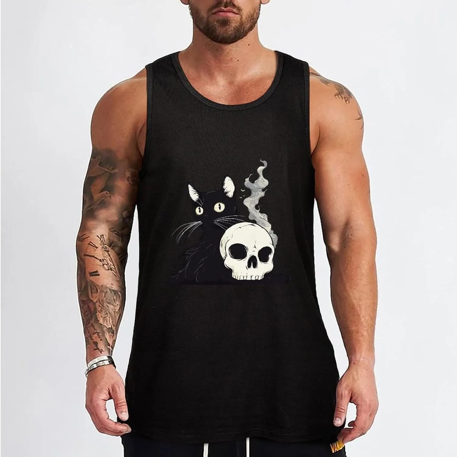 Spooky Cat and Skull Mens Tank Top Cotton Undershirt Crewneck Sleeveless Shirt for Summer