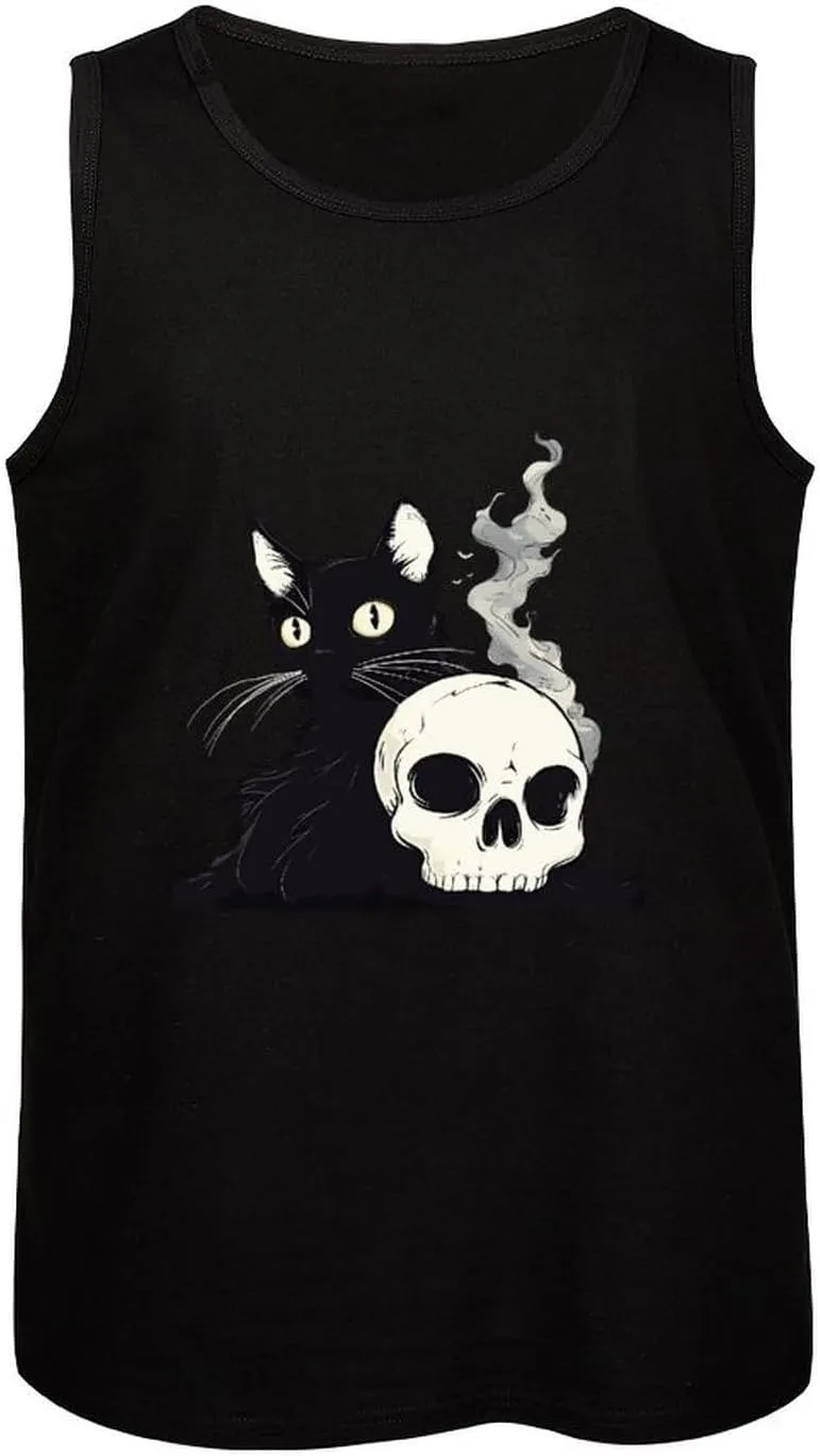 Spooky Cat and Skull Mens Tank Top Cotton Undershirt Crewneck Sleeveless Shirt for Summer