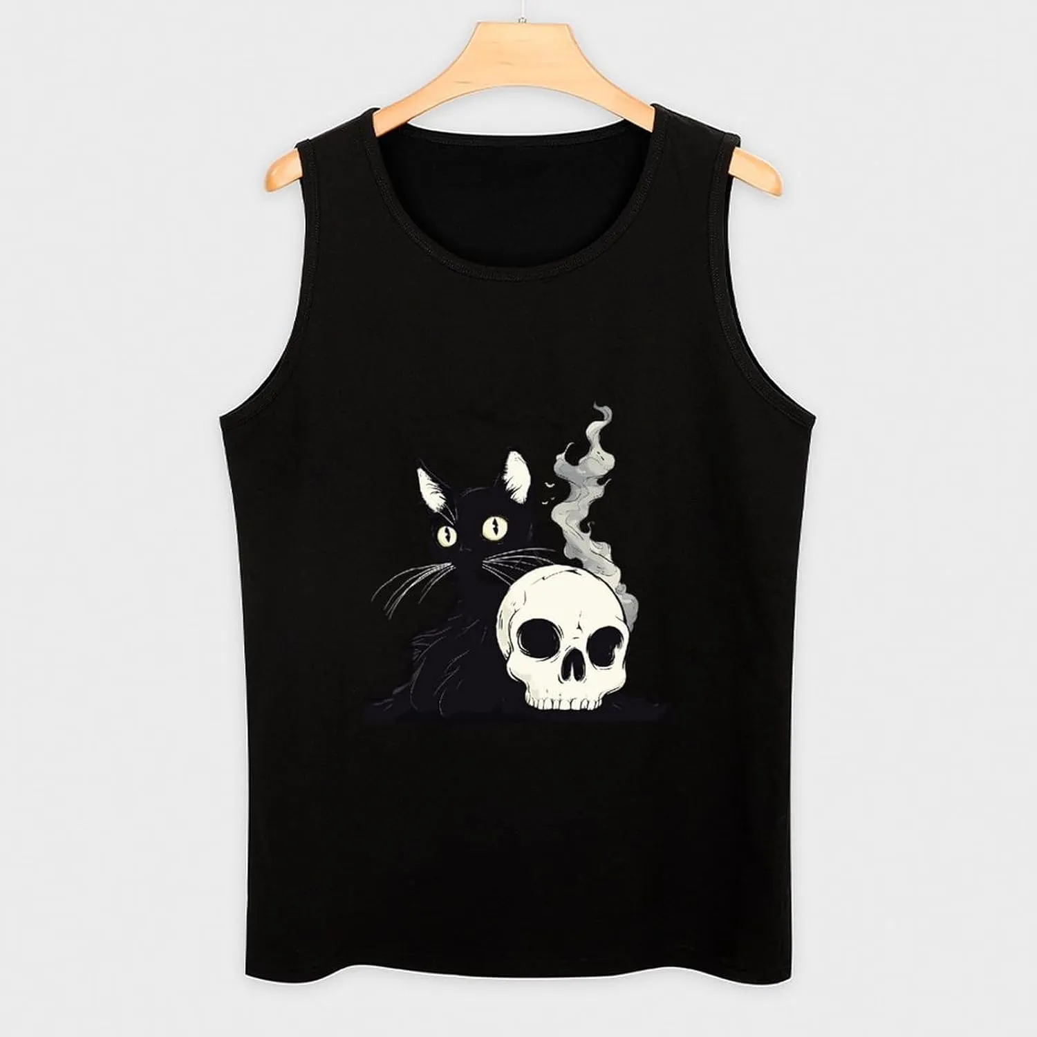 Spooky Cat and Skull Mens Tank Top Cotton Undershirt Crewneck Sleeveless Shirt for Summer