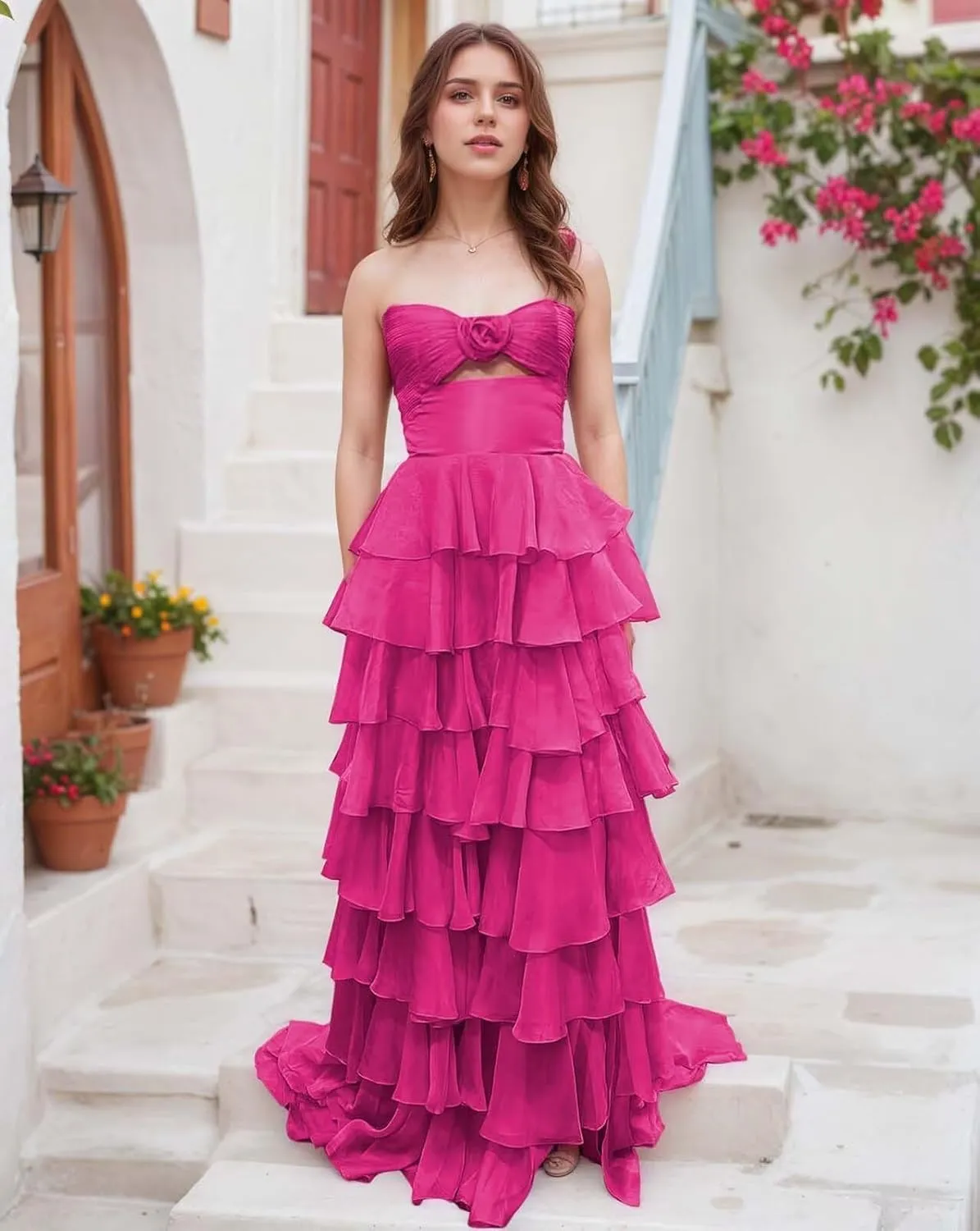 Strapless Tiered Chiffon Prom Dress for Women 3D Flower Keyhole Long Formal Evening Dresses with Slit