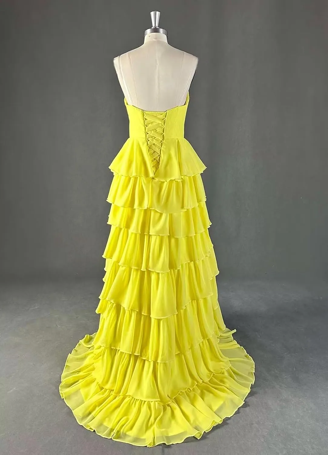 Strapless Tiered Chiffon Prom Dress for Women 3D Flower Keyhole Long Formal Evening Dresses with Slit