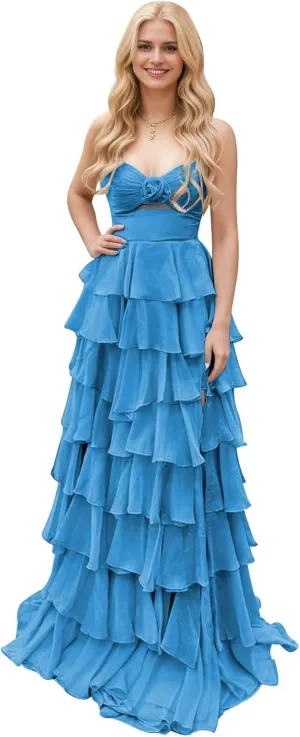 Strapless Tiered Chiffon Prom Dress for Women 3D Flower Keyhole Long Formal Evening Dresses with Slit