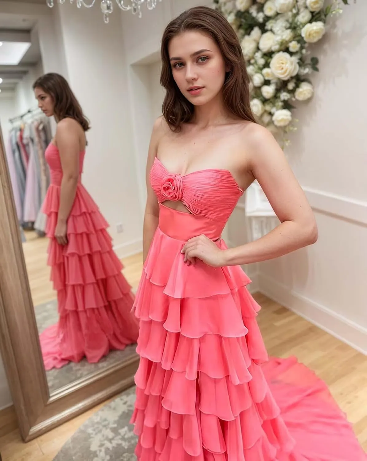Strapless Tiered Chiffon Prom Dress for Women 3D Flower Keyhole Long Formal Evening Dresses with Slit