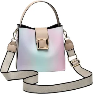 Stylish Two-Toned Crossbody Bucket Bag for Women - Medium Leather Satchel Handbag with Wide Strap (White)