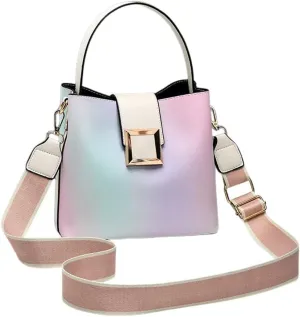 Stylish Two-Toned Crossbody Bucket Bag for Women - Medium Leather Satchel Handbag with Wide Strap (White)