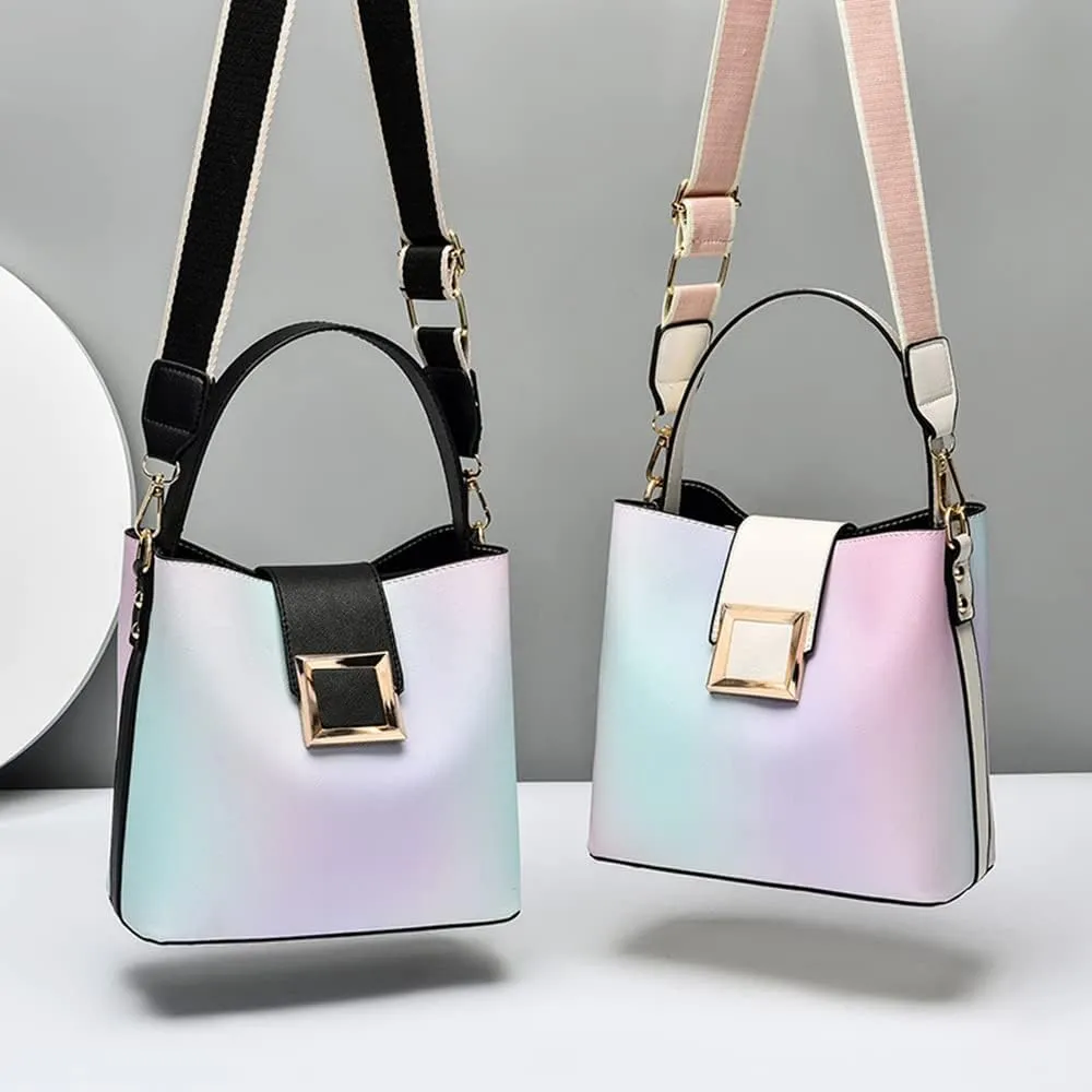 Stylish Two-Toned Crossbody Bucket Bag for Women - Medium Leather Satchel Handbag with Wide Strap (White)
