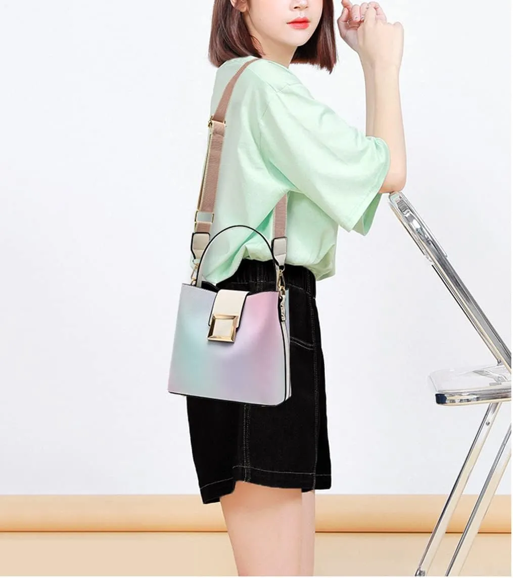 Stylish Two-Toned Crossbody Bucket Bag for Women - Medium Leather Satchel Handbag with Wide Strap (White)