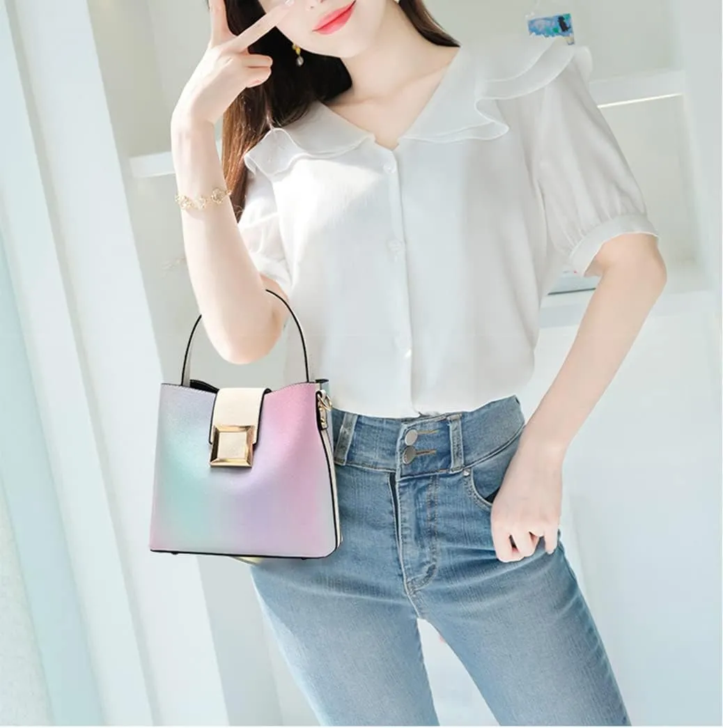 Stylish Two-Toned Crossbody Bucket Bag for Women - Medium Leather Satchel Handbag with Wide Strap (White)