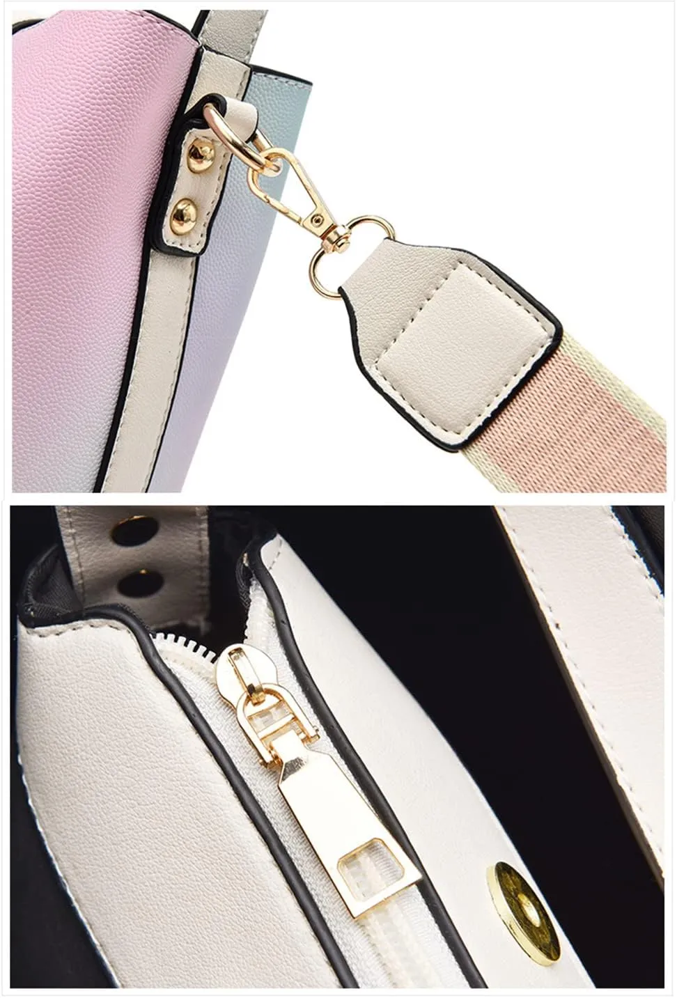 Stylish Two-Toned Crossbody Bucket Bag for Women - Medium Leather Satchel Handbag with Wide Strap (White)