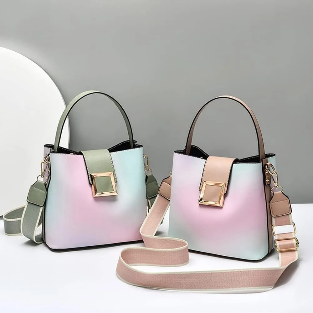 Stylish Two-Toned Crossbody Bucket Bag for Women - Medium Leather Satchel Handbag with Wide Strap (White)