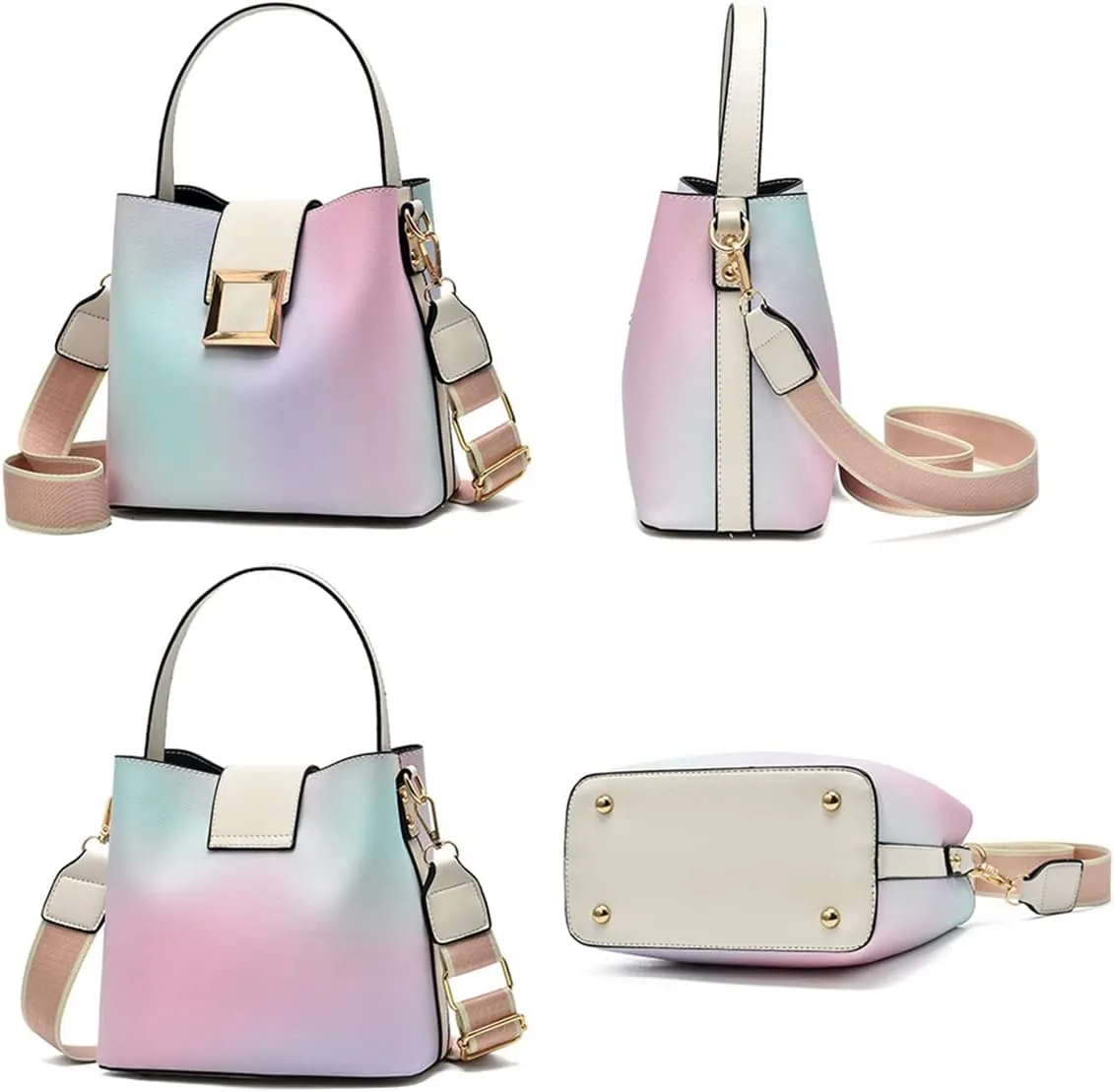 Stylish Two-Toned Crossbody Bucket Bag for Women - Medium Leather Satchel Handbag with Wide Strap (White)