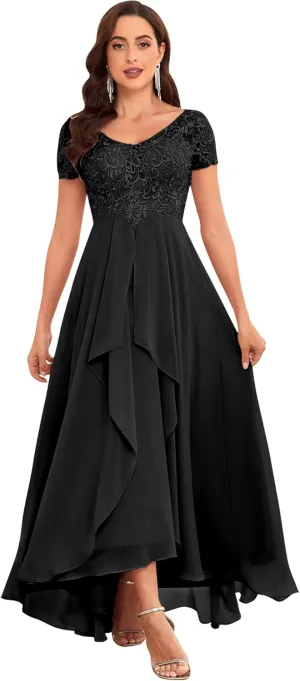 Sukleet Short Sleeve Mother of The Bride Dresses for Wedding Ruffle Chiffon Lace Formal Evening Dress