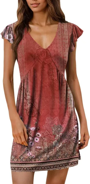 Summer Dresses for Women 2025 Boho Floral Print Ruffle Sleeve Vacation Holiday Dress V-Neck Sundress Tank Dress
