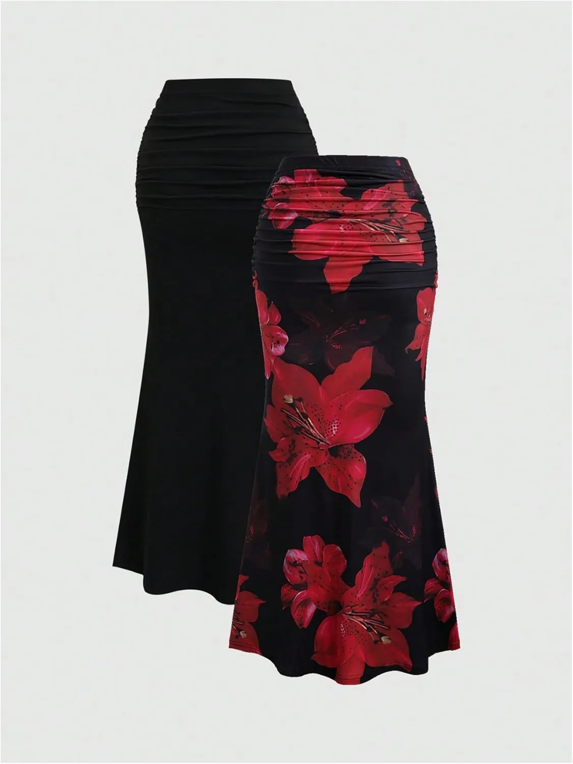 SweatyRocks Women's 2 Pack Fishtail Skirts Floral Print Ruched Ruffle Bodycon Long Skirt