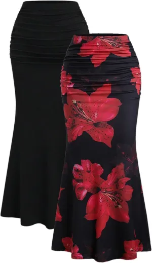 SweatyRocks Women's 2 Pack Fishtail Skirts Floral Print Ruched Ruffle Bodycon Long Skirt