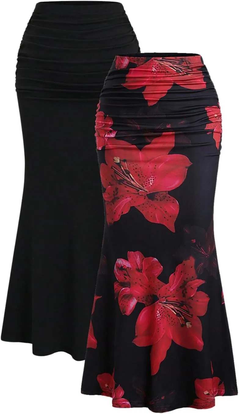 SweatyRocks Women's 2 Pack Fishtail Skirts Floral Print Ruched Ruffle Bodycon Long Skirt