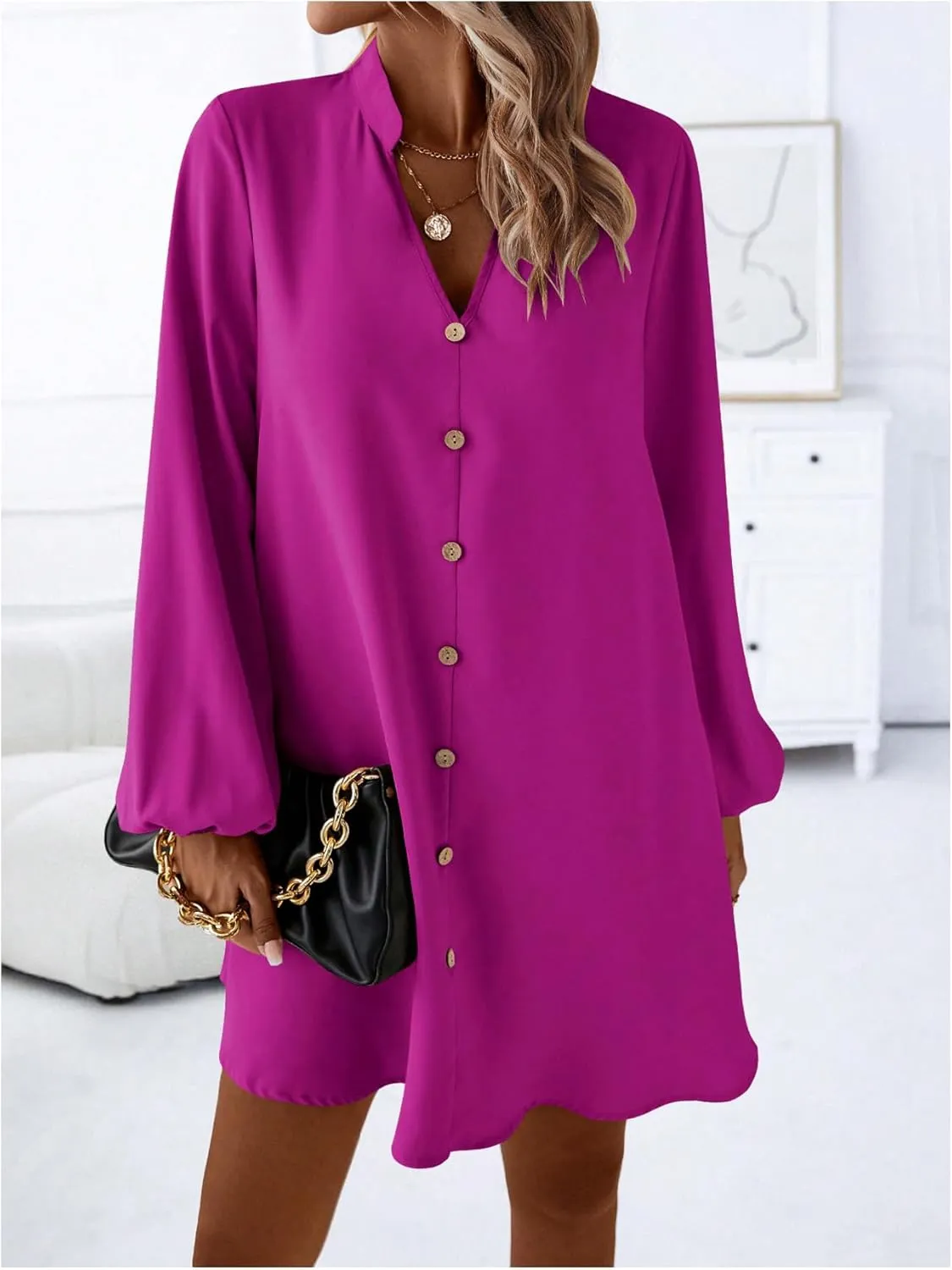 SweatyRocks Women's V Neck Pullover Shirt Dress A Line Long Lantern Sleeve Flared Loose Mini Dresses