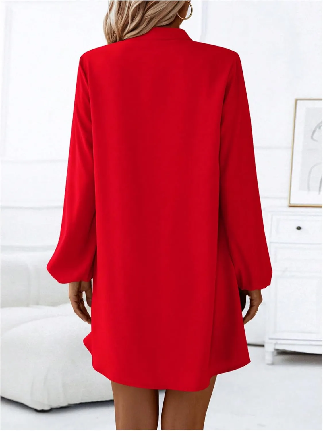 SweatyRocks Women's V Neck Pullover Shirt Dress A Line Long Lantern Sleeve Flared Loose Mini Dresses