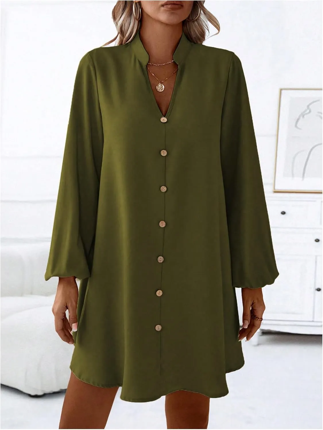 SweatyRocks Women's V Neck Pullover Shirt Dress A Line Long Lantern Sleeve Flared Loose Mini Dresses