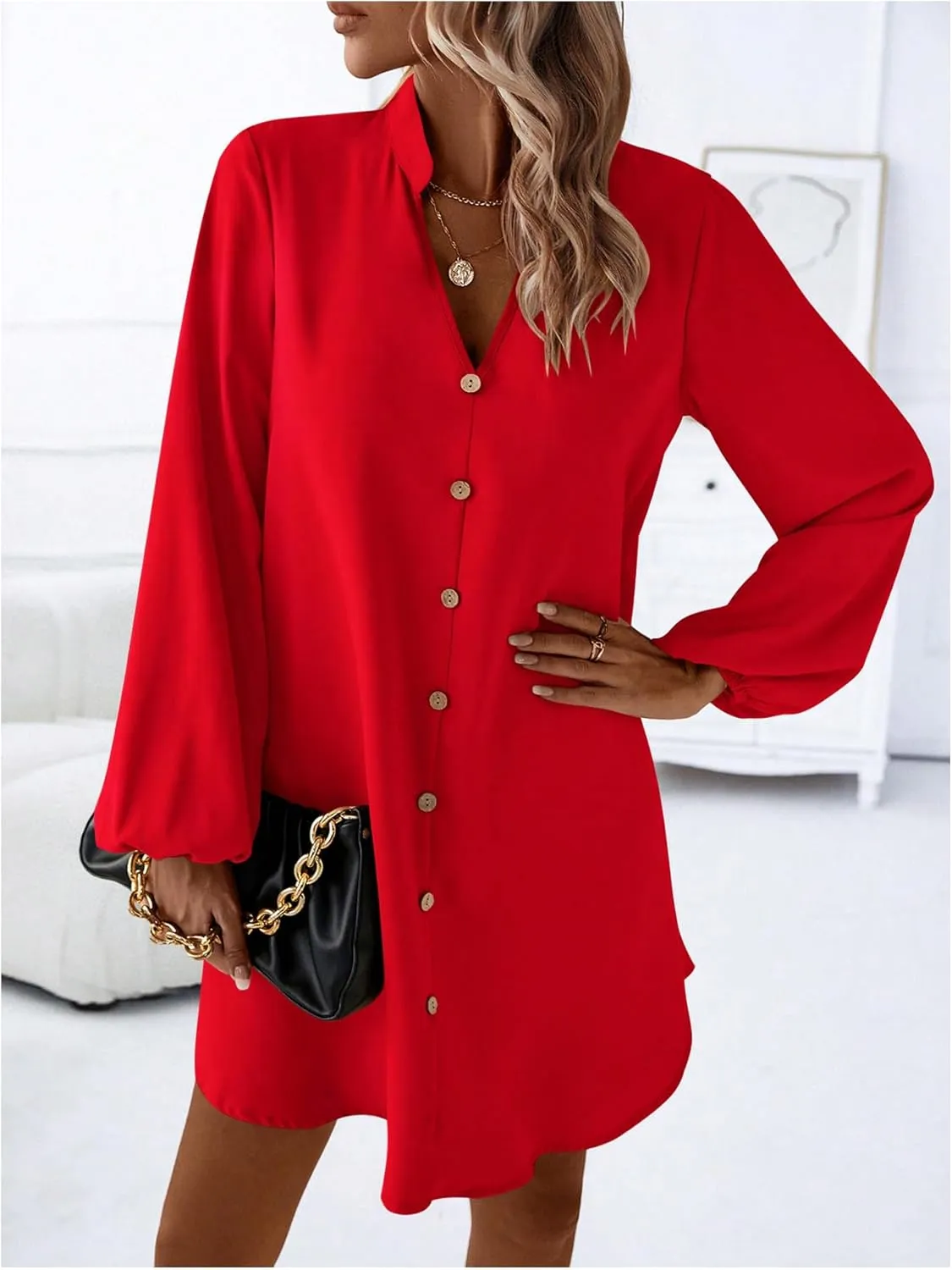 SweatyRocks Women's V Neck Pullover Shirt Dress A Line Long Lantern Sleeve Flared Loose Mini Dresses