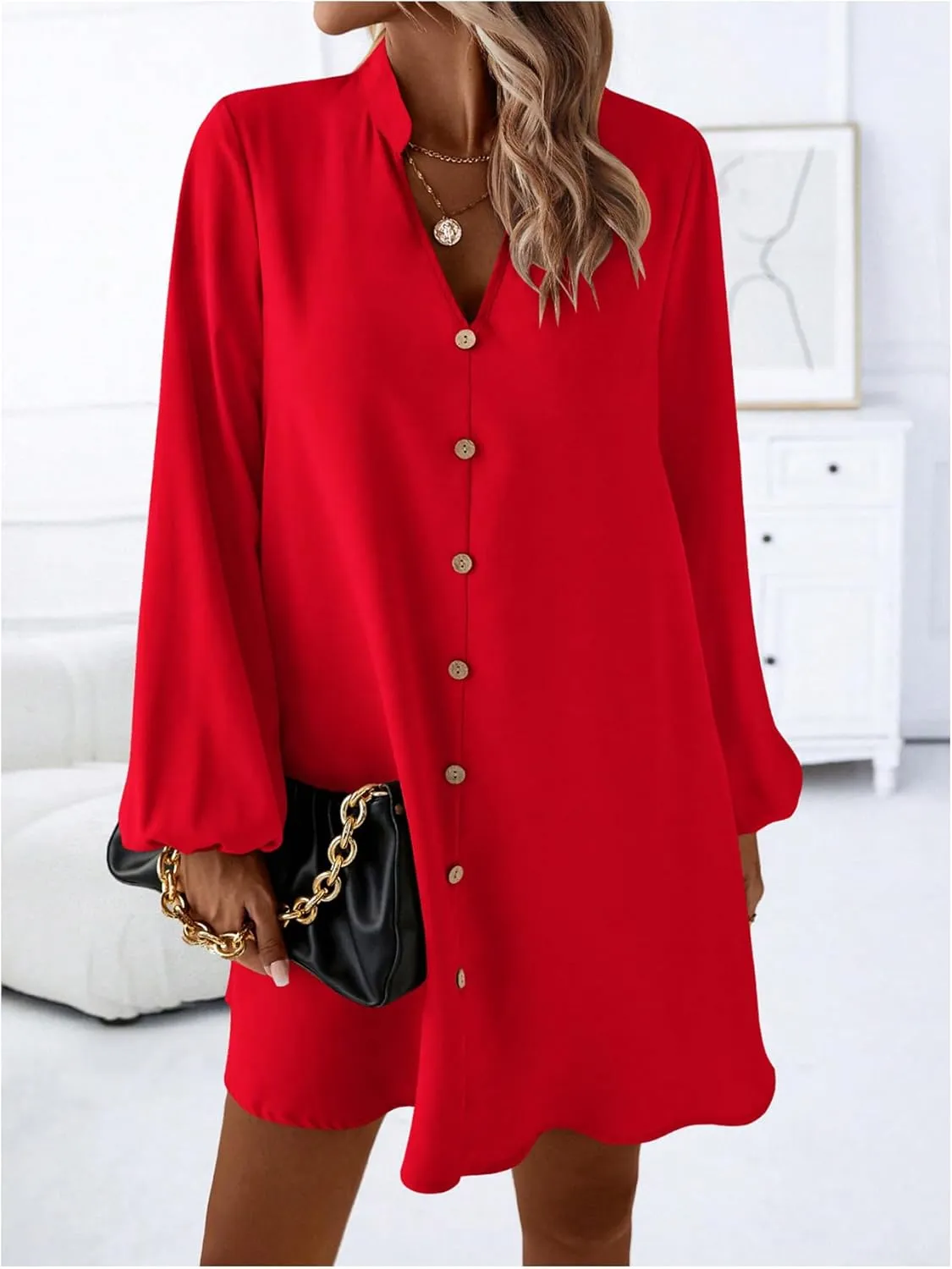 SweatyRocks Women's V Neck Pullover Shirt Dress A Line Long Lantern Sleeve Flared Loose Mini Dresses