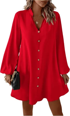 SweatyRocks Women's V Neck Pullover Shirt Dress A Line Long Lantern Sleeve Flared Loose Mini Dresses