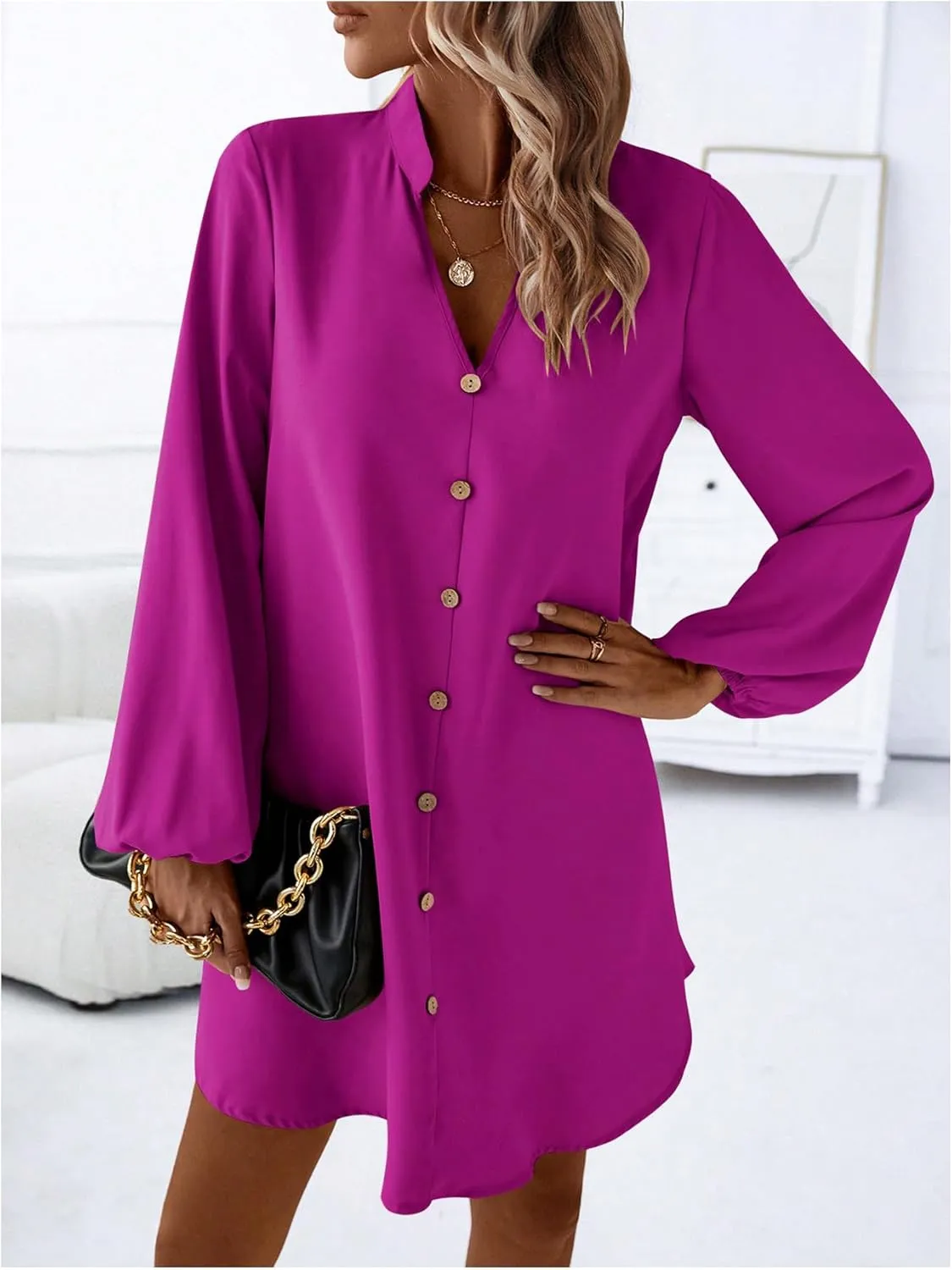 SweatyRocks Women's V Neck Pullover Shirt Dress A Line Long Lantern Sleeve Flared Loose Mini Dresses