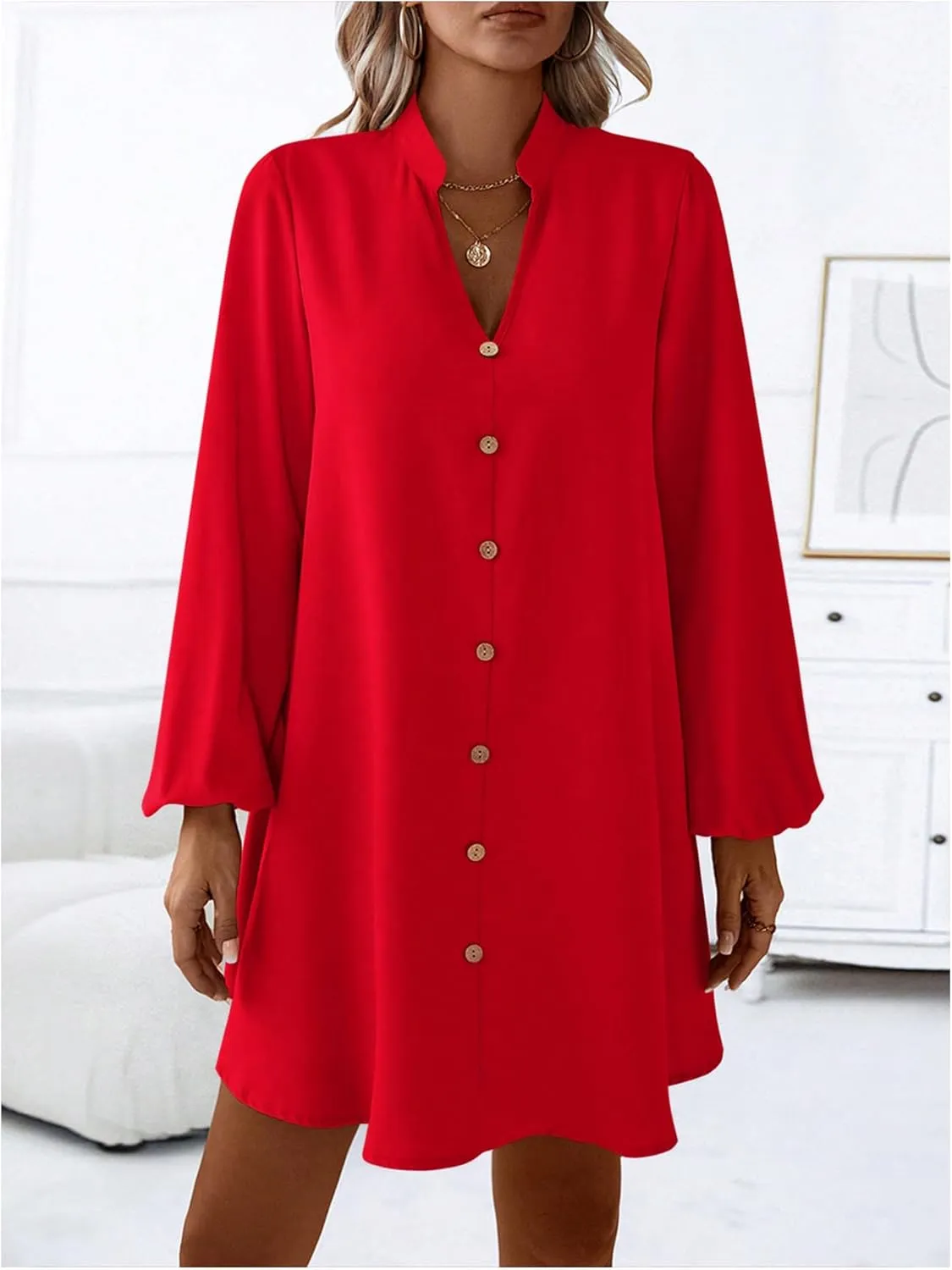 SweatyRocks Women's V Neck Pullover Shirt Dress A Line Long Lantern Sleeve Flared Loose Mini Dresses