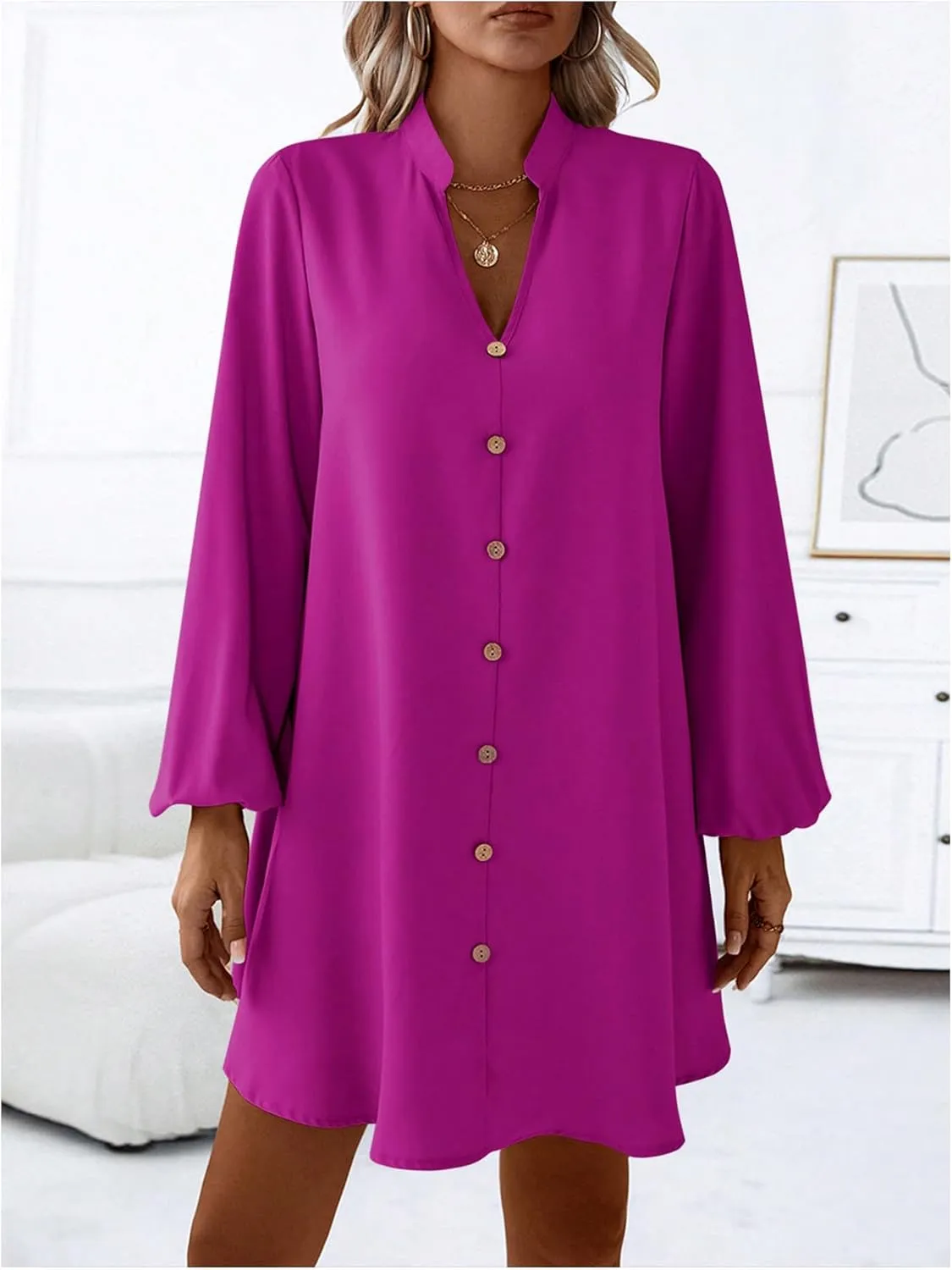 SweatyRocks Women's V Neck Pullover Shirt Dress A Line Long Lantern Sleeve Flared Loose Mini Dresses