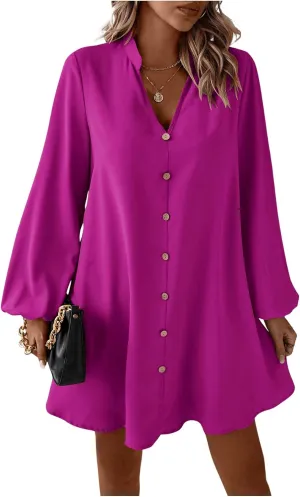SweatyRocks Women's V Neck Pullover Shirt Dress A Line Long Lantern Sleeve Flared Loose Mini Dresses