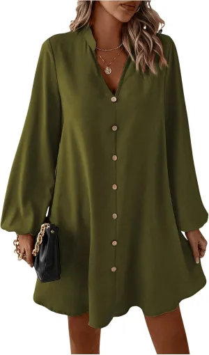 SweatyRocks Women's V Neck Pullover Shirt Dress A Line Long Lantern Sleeve Flared Loose Mini Dresses