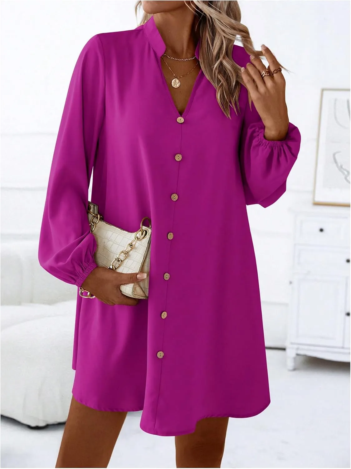 SweatyRocks Women's V Neck Pullover Shirt Dress A Line Long Lantern Sleeve Flared Loose Mini Dresses