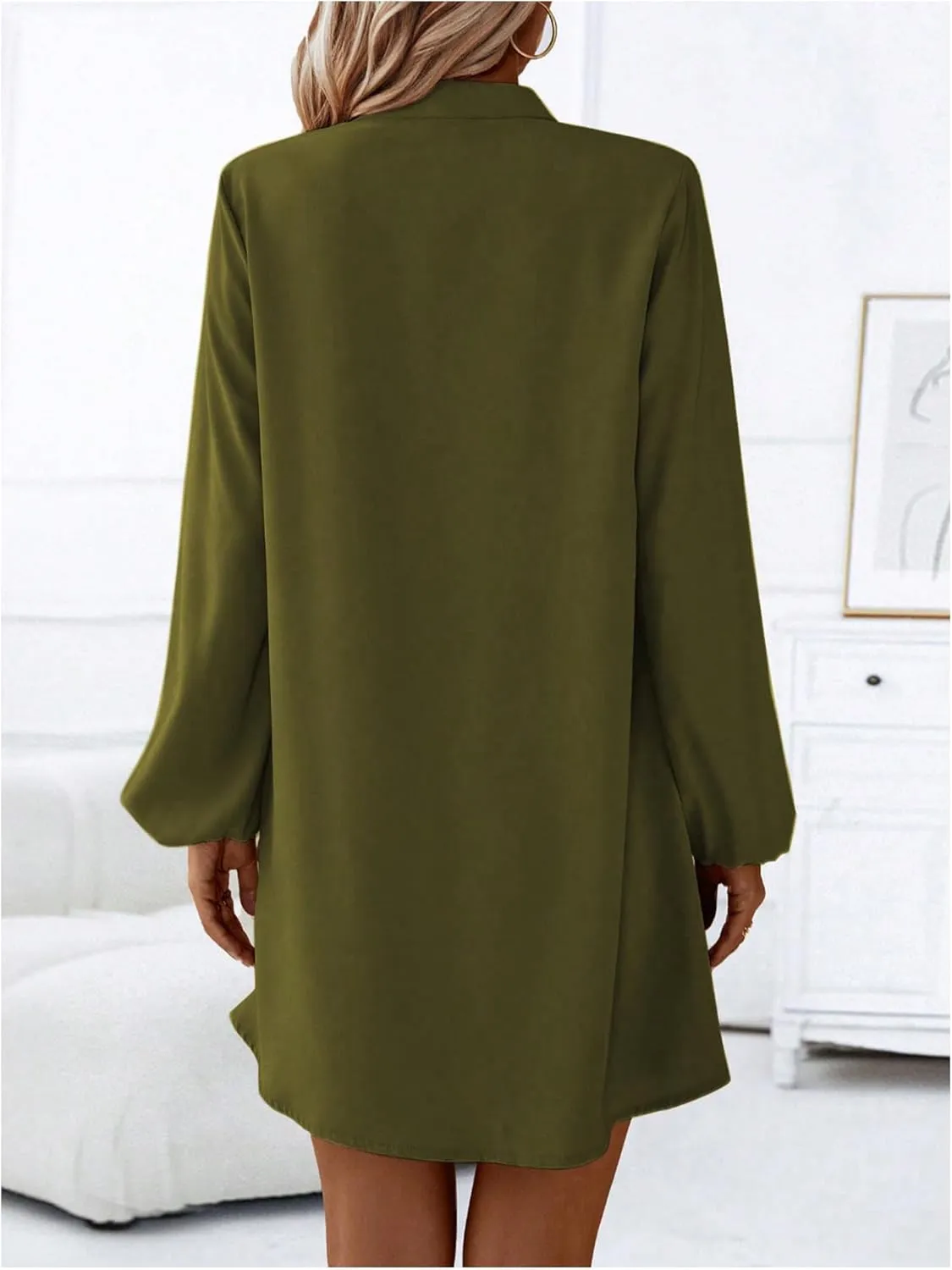 SweatyRocks Women's V Neck Pullover Shirt Dress A Line Long Lantern Sleeve Flared Loose Mini Dresses