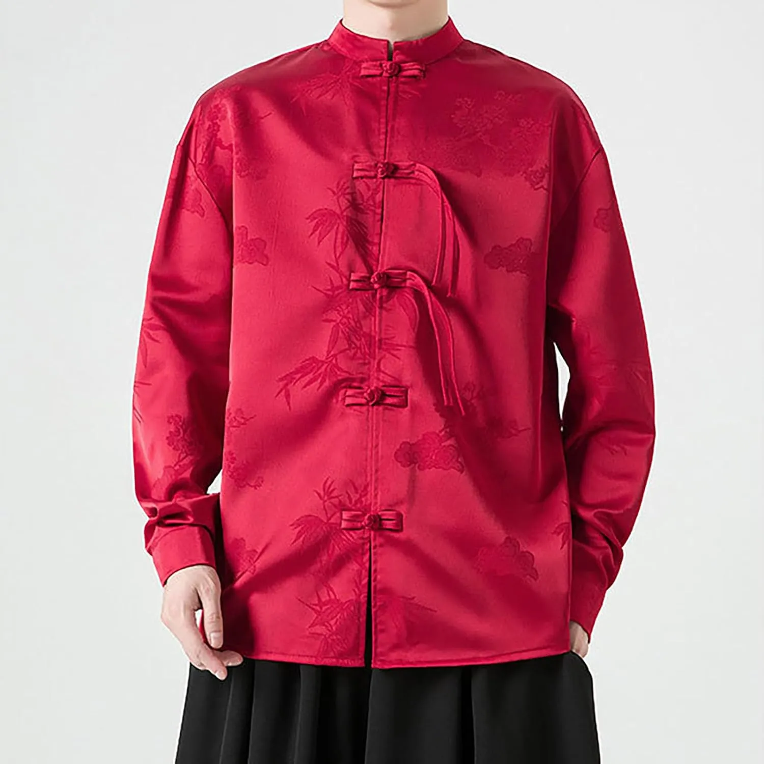 Tai Chi Clothing Chinese Traditional Uniform Tops Kung Fu Clothes Luxury Flowered Printed Button Down Satin Shirt Big&Tall